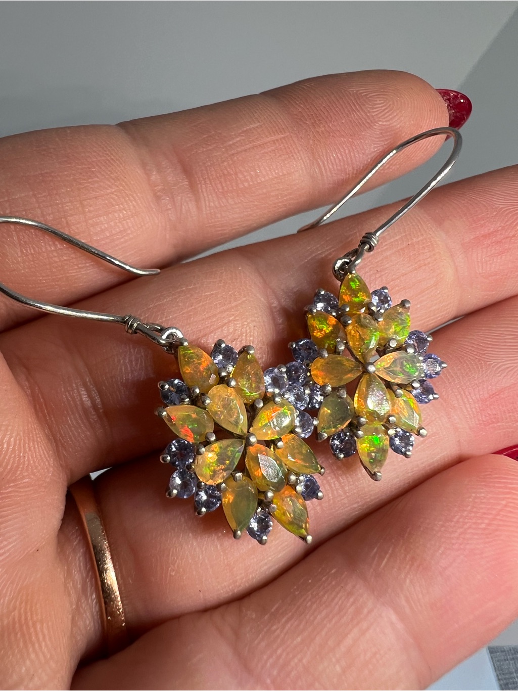 Pear Cut Fire Opal And Tanzanite Dangle Earrings